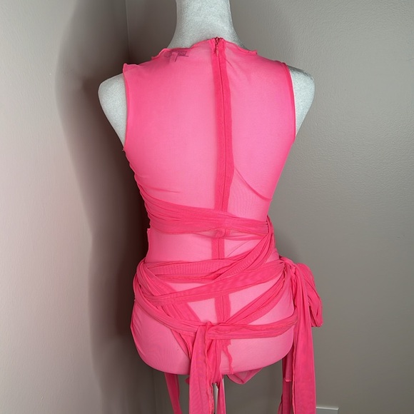 BRAND NEW FASHION NOVA BARBIE PINK MESH WRAP MINI DRESS - Picture 4 of 6
